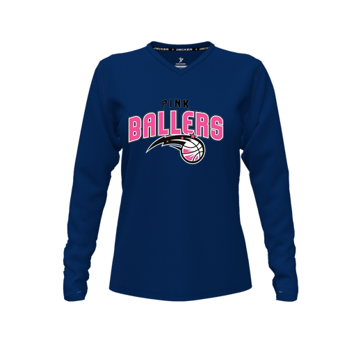 [CUS-DFW-TEES-CMF-VNK-LSL-NVY-FYXS-LOGO1] Decker Comfort T-Shirt (Female Youth XS, Navy, V Neck, Logo 1, Long Sleeve)